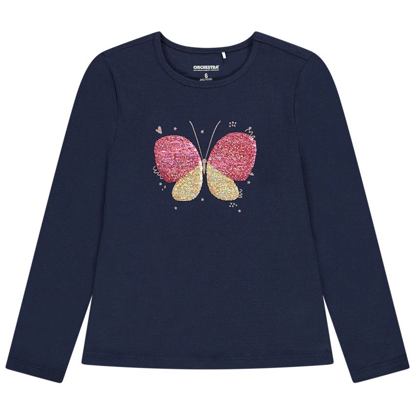 T-shirt manches longues avec print et sequins magiques pour fille - Bleu marine