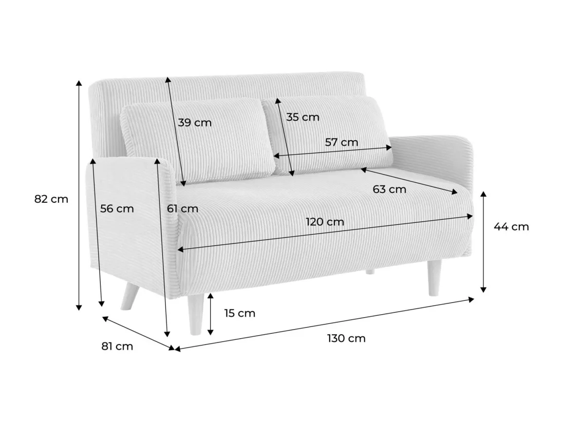 Canapé convertible en velours côtelé - Panam - 2 places scandinave. pieds bois. gris clair. banquette. dossier inclinable