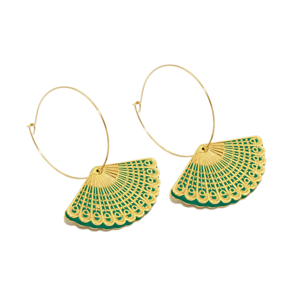 Boucles d'oreilles créoles avec médaille éventail colorée doré à l 'or fin