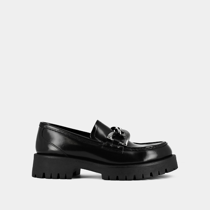 Mocassins à talons plats et mords  en cuir glacé noir