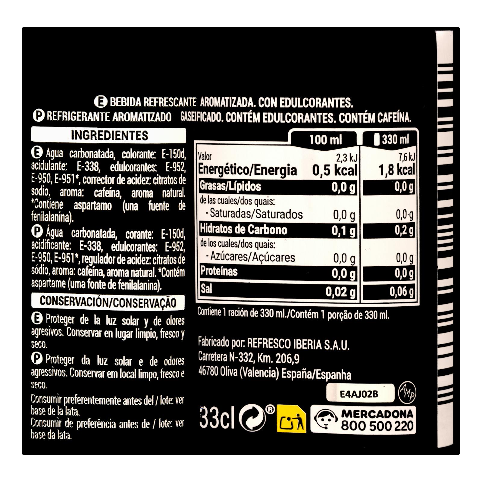 Boisson gazeuse Cola sans sucre Hacendado