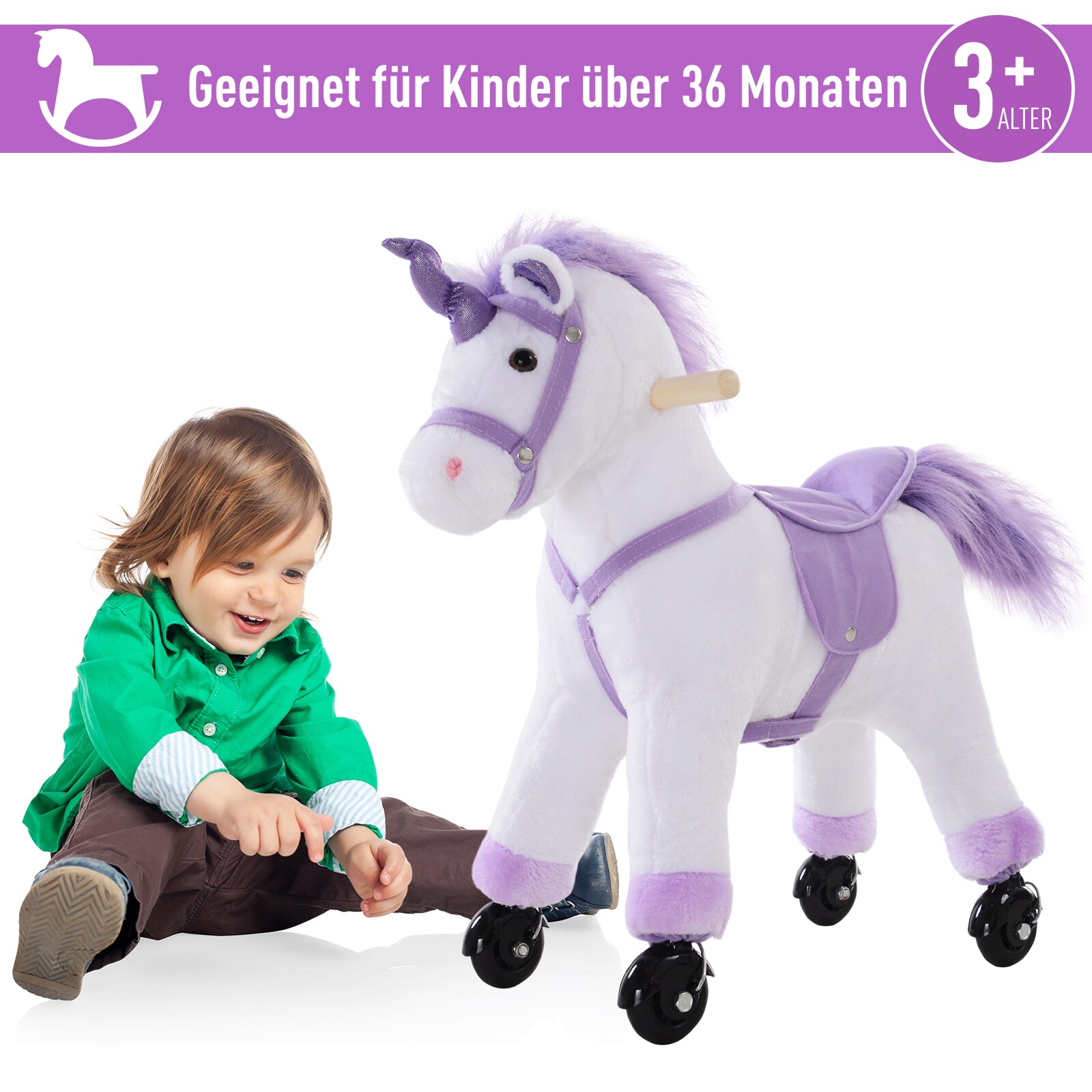 HOMCOM Plüsch-Einhorn auf Rollen weiß, lila 55 x 23 x 60 cm (LxBxH)