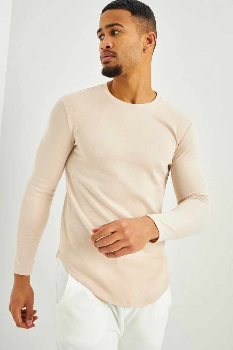Pull côtelé beige manches longues
