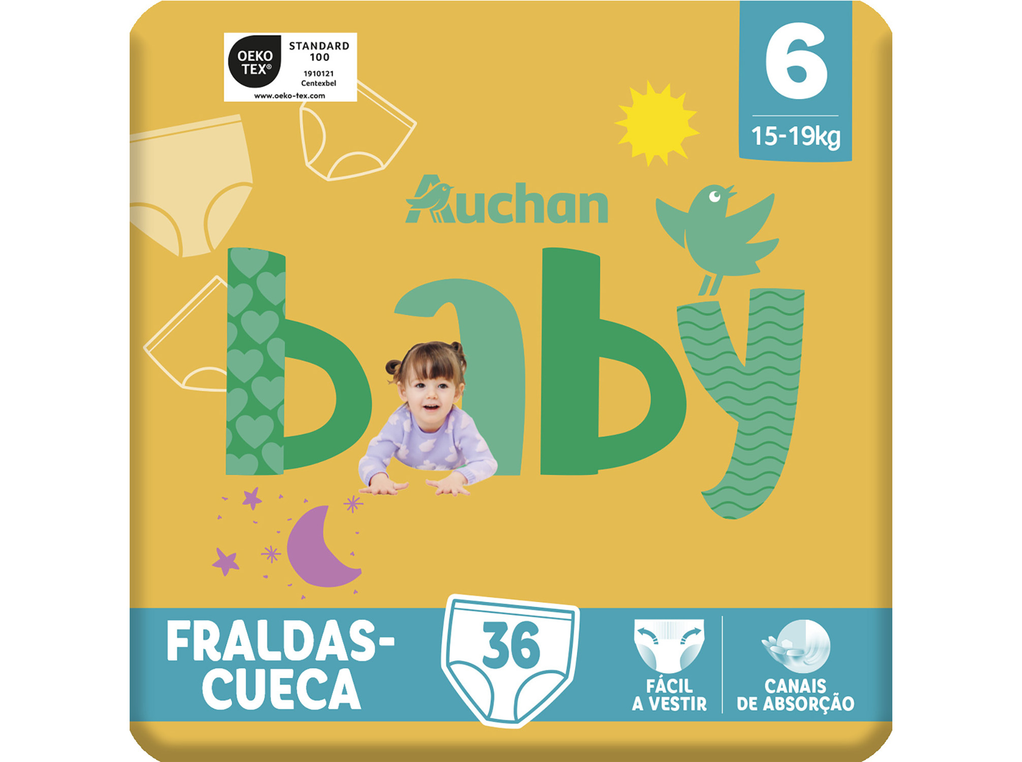 FRALDAS CUECA AUCHAN BABY TAMANHO 6 15-19KG 36UN