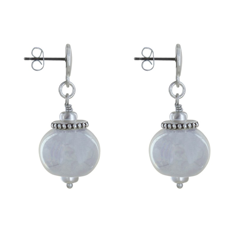 Boucles d'Oreilles Clous Métal Argenté et Grosses Perles en Céramique