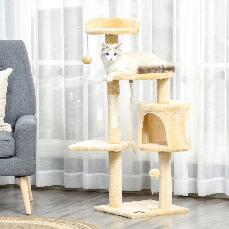Arranhador Pawhut com plataforma, casinhas para gatos e bolas de brincar, bege para gatos.