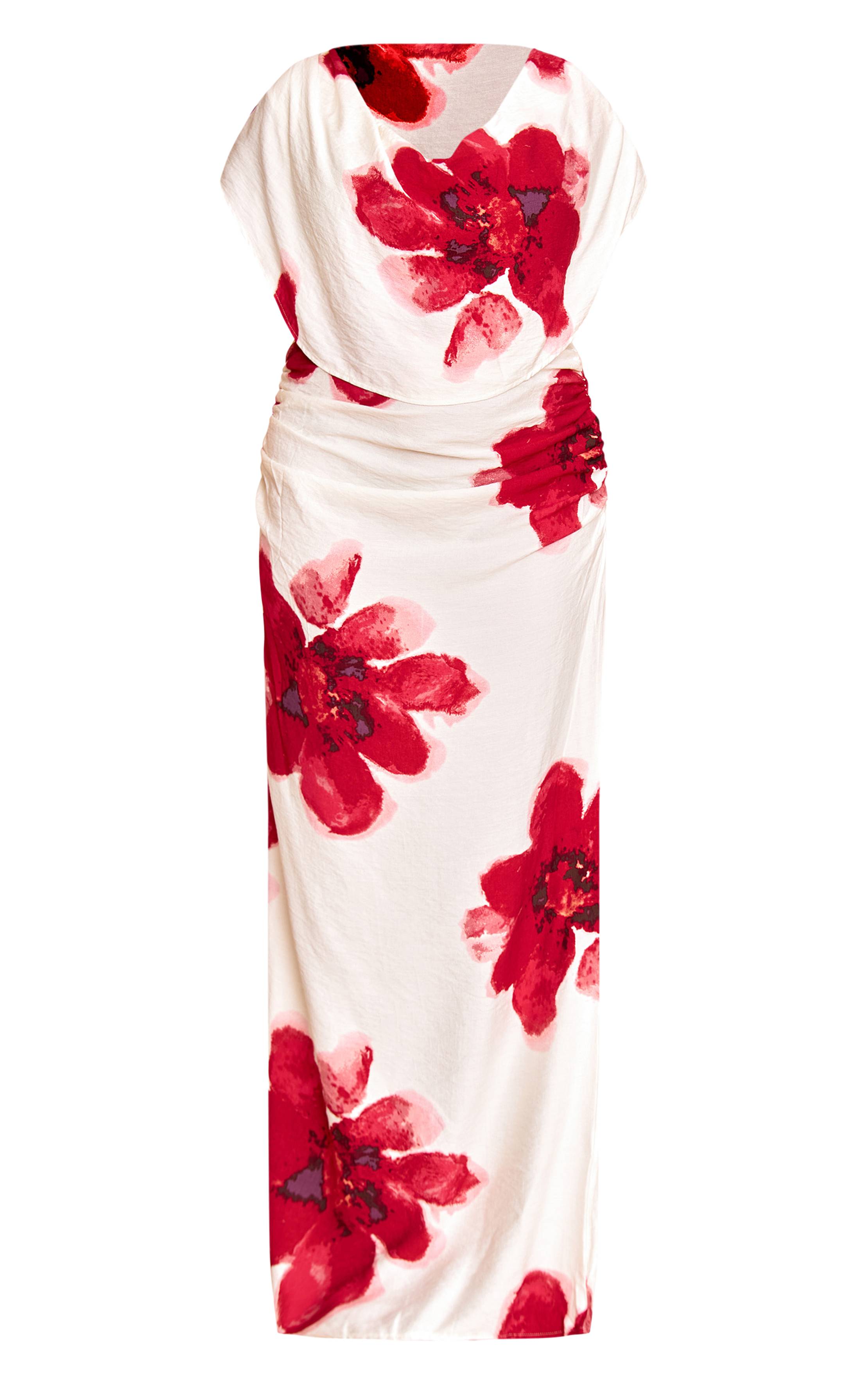 Rouge Robe Maxi Grande Taille À Imprimé Avec Détail Drapé Froncé Et Col Bénitier Extrême