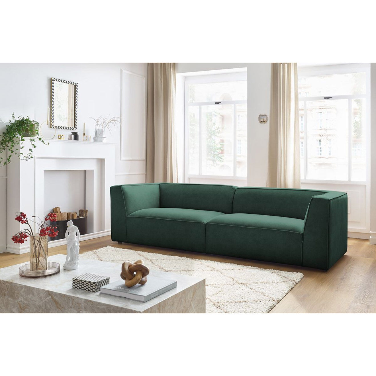 Bobochic Canapé droit fixe 4 places en Velours Molière vert - 273x99x71 cm
