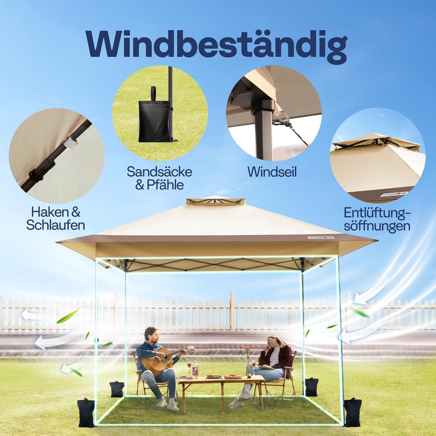 VIVOHOME Pavillon 4x4m Doppelschichtdach mit Rolltasche und 4 Sandsäcken 2 Ebenen tragbares Zelt für Terrasse Garten Hinterhof