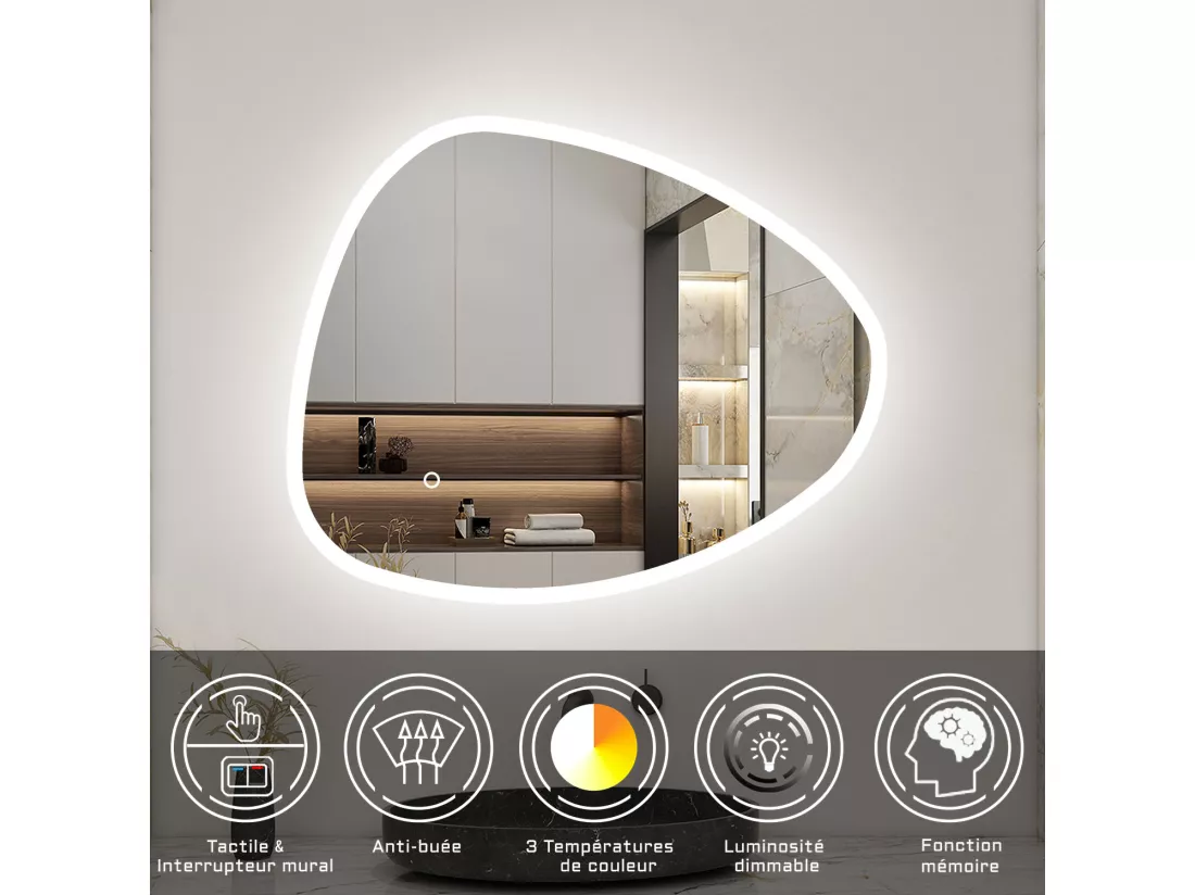 AICA LED Miroir lumineux 100 x 80cm avec anti-buée + 3 Couleurs + dimmable + mémoire, Miroir salle de bain
