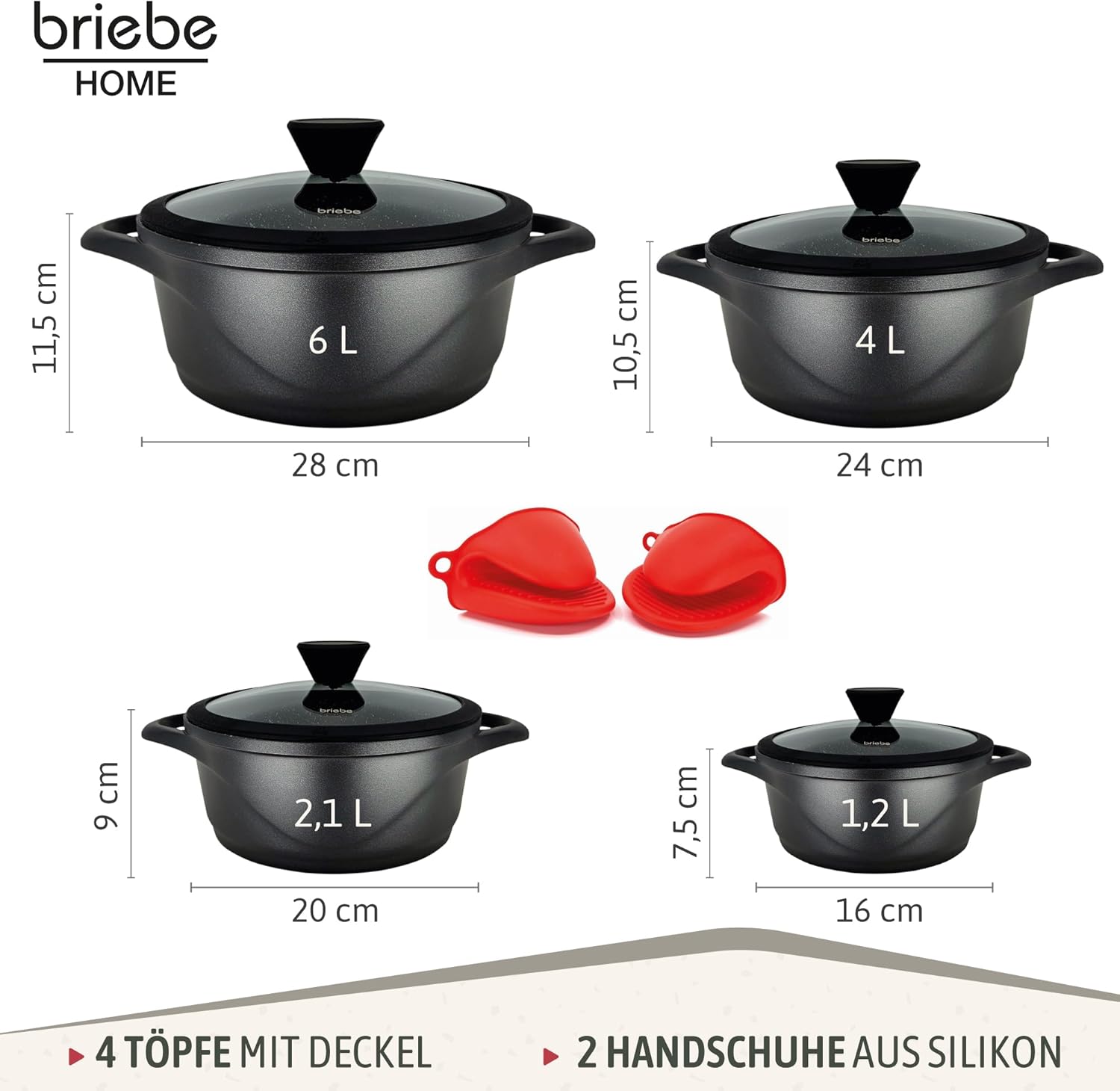briebe Topfset Induktion 8-Teilig, Kochtopf Set 4 Töpfen aus Aluminiumguss, Antihaftbeschichtung ILAG GRANITEC ohne PFOA, Deckeln aus Glass, Topfhandschuhe Silikon, Glaskeramik, Gas, Ofen, MGK-12S