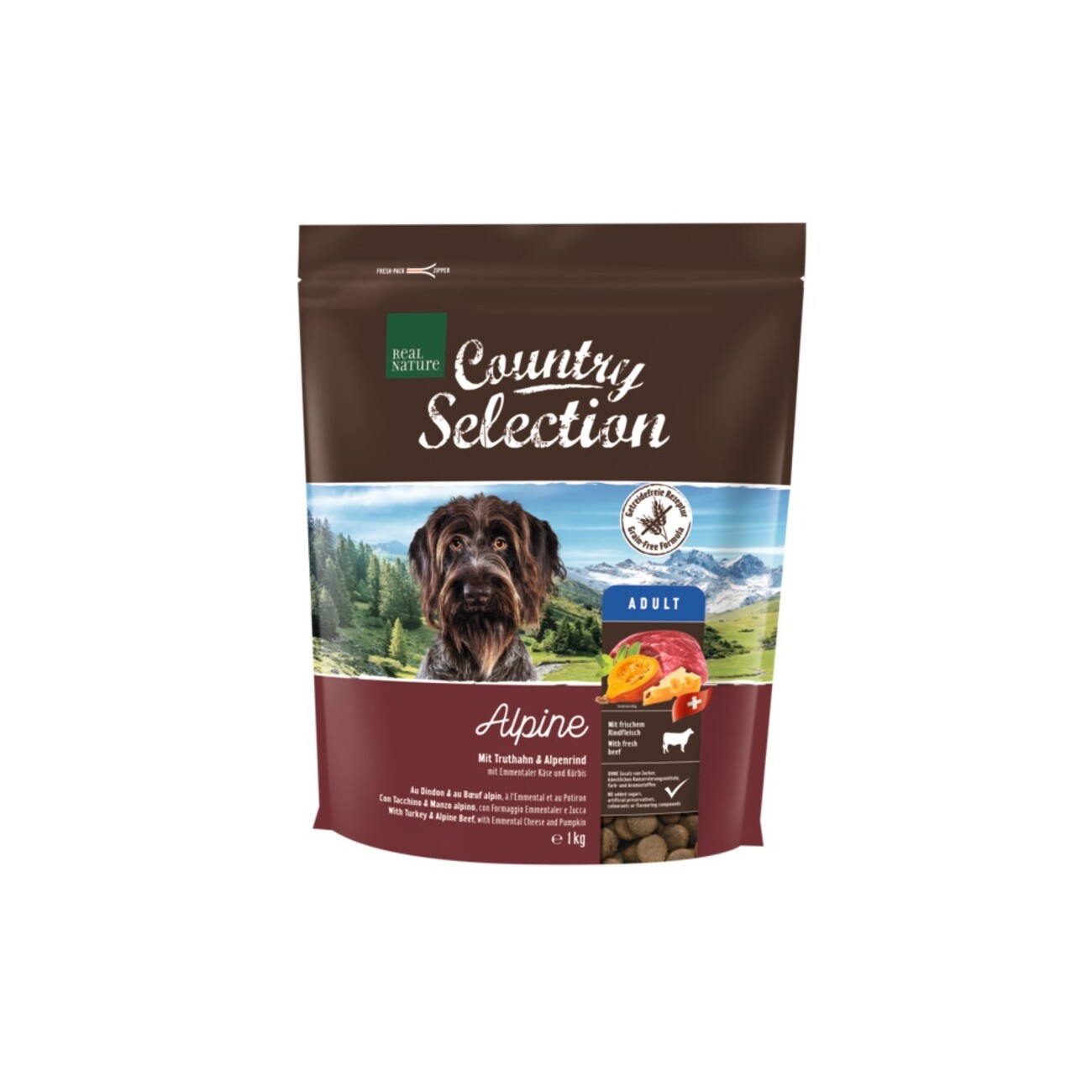 REAL NATURE Country Selection Trockenfutter Hund, Adult, Alpine, Truthahn und Alpenrind 1 kg