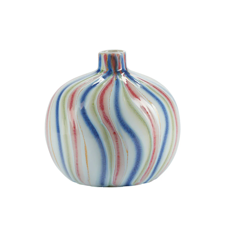 Bahne Interior  Stribet vase med lille åbning, hvid/blå/rød - H14cm