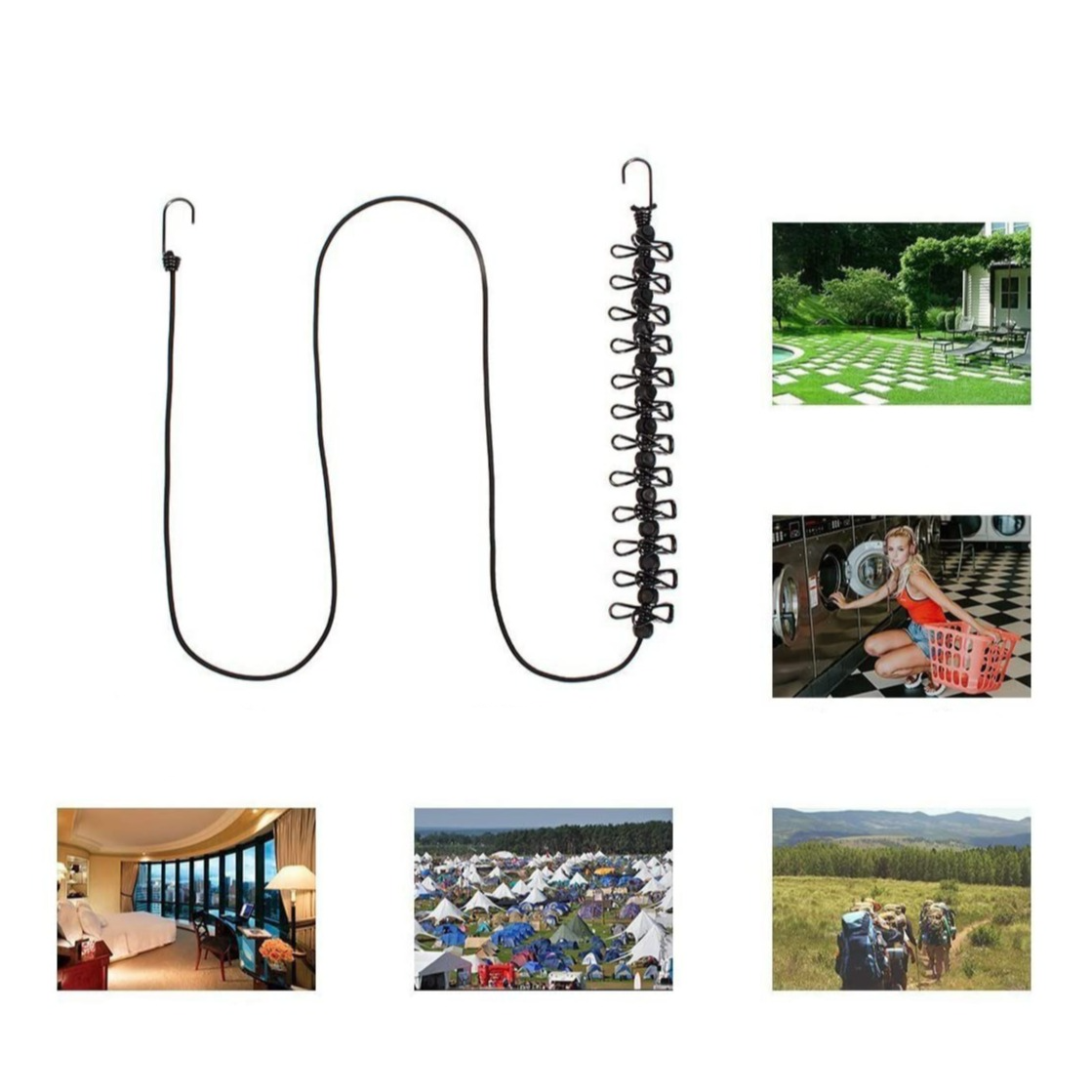 (170cm) Robuste Wäscheleine Camping Schnur mit 11 Wäscheklammern / 12 Kordelstopper - Schwarz