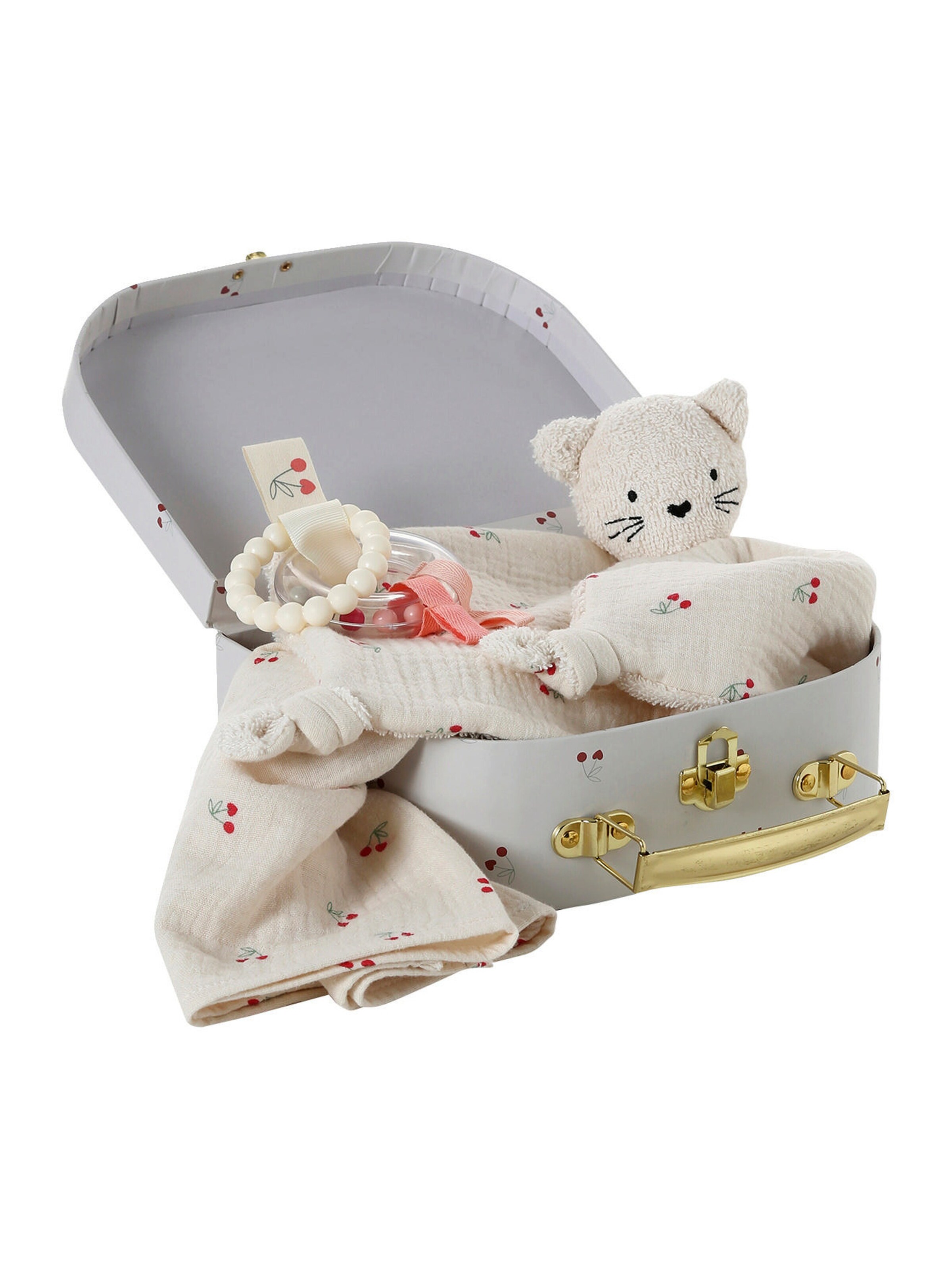 Vertbaudet Baby Geschenkkoffer: Schmusetuch, Beißringe & Wickeltuch CHERRY rot
