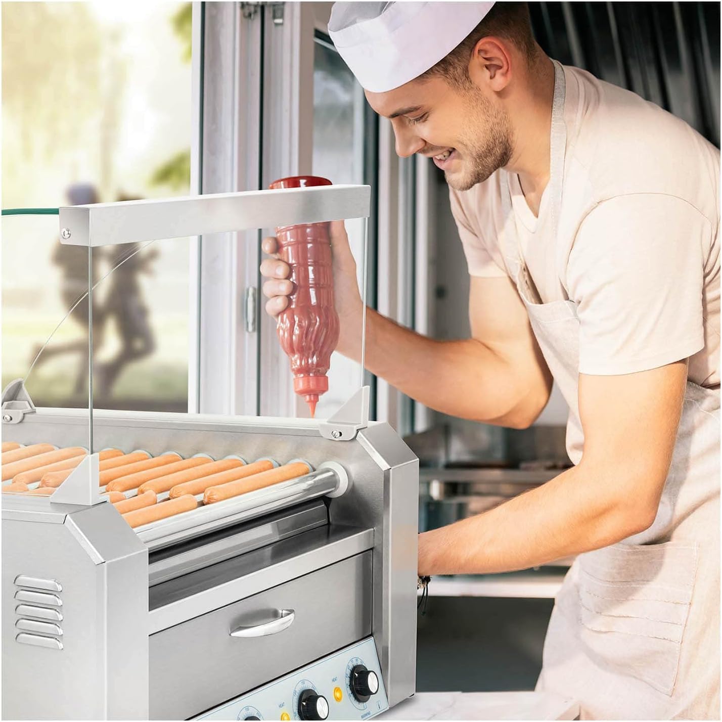 Royal Catering - Hot Dog Grill Hot Dog Maschine (11 Rollen, Edelstahl, 2.150 W, 2 Heizzonen, herausnehmbare Fettauffangschublade, Wärmeschublade, 20 Würstchen, mit Hartglasabdeckung)