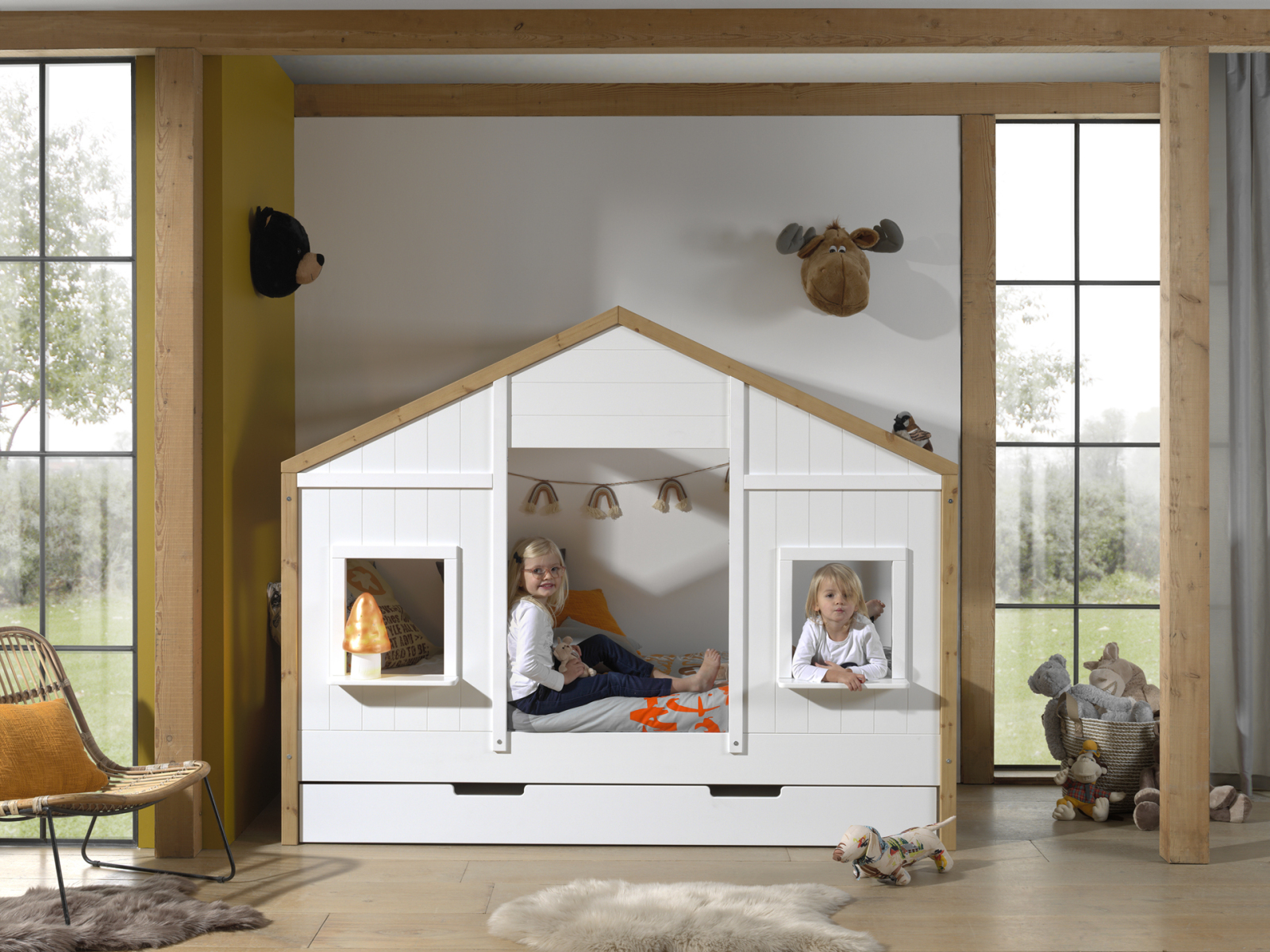 Landhausbett BABS - weiß-eichefarben - 90x200 cm