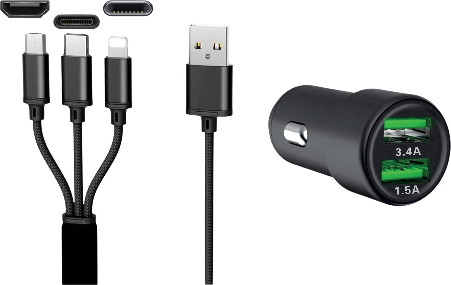 IWH Dual 3 in 1 USB Ladegerät für Autos 3 Anschlüsse 1,2 Meter