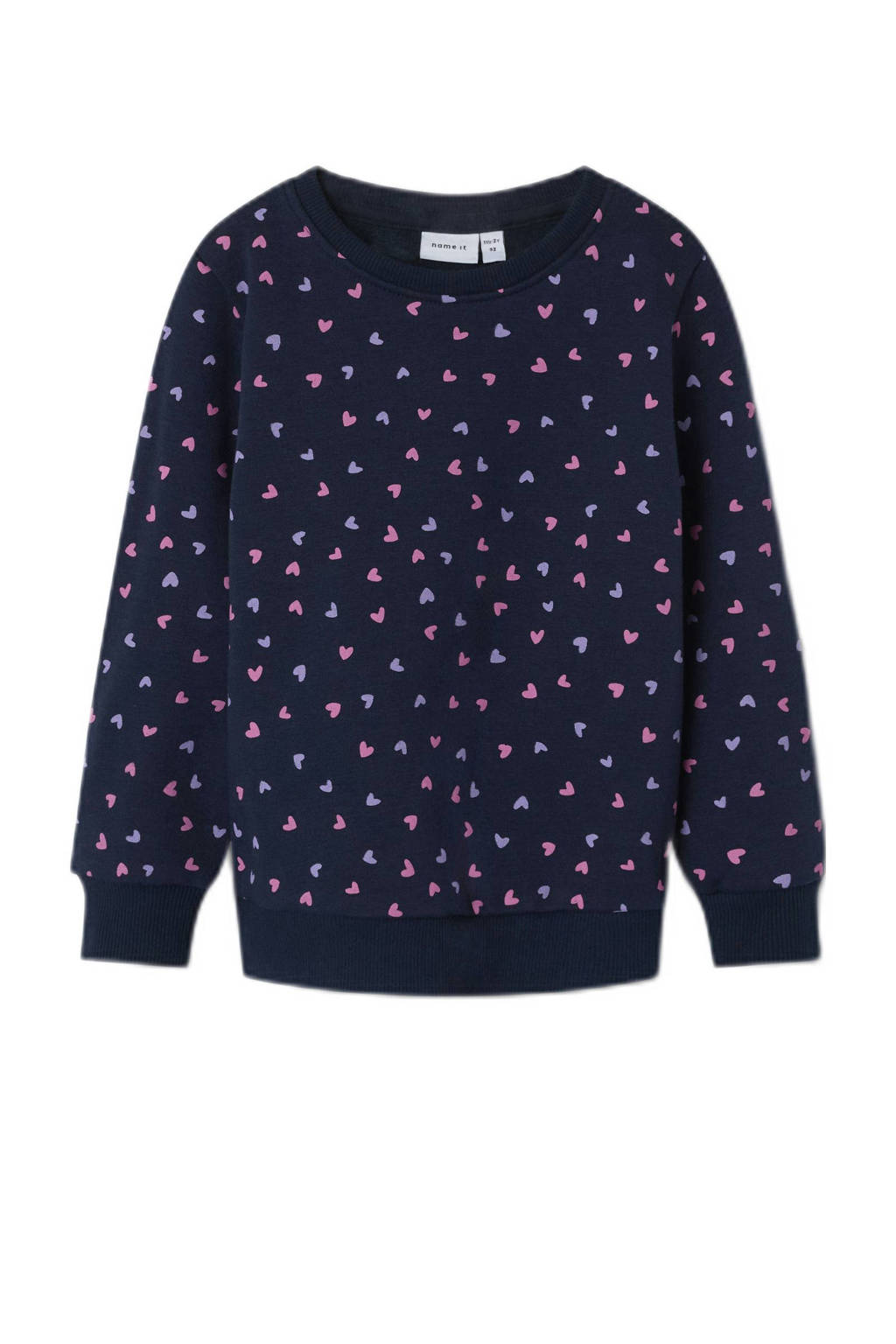 NAME IT sweater NMFDAVINA met hartjes donkerblauw/roze/paars