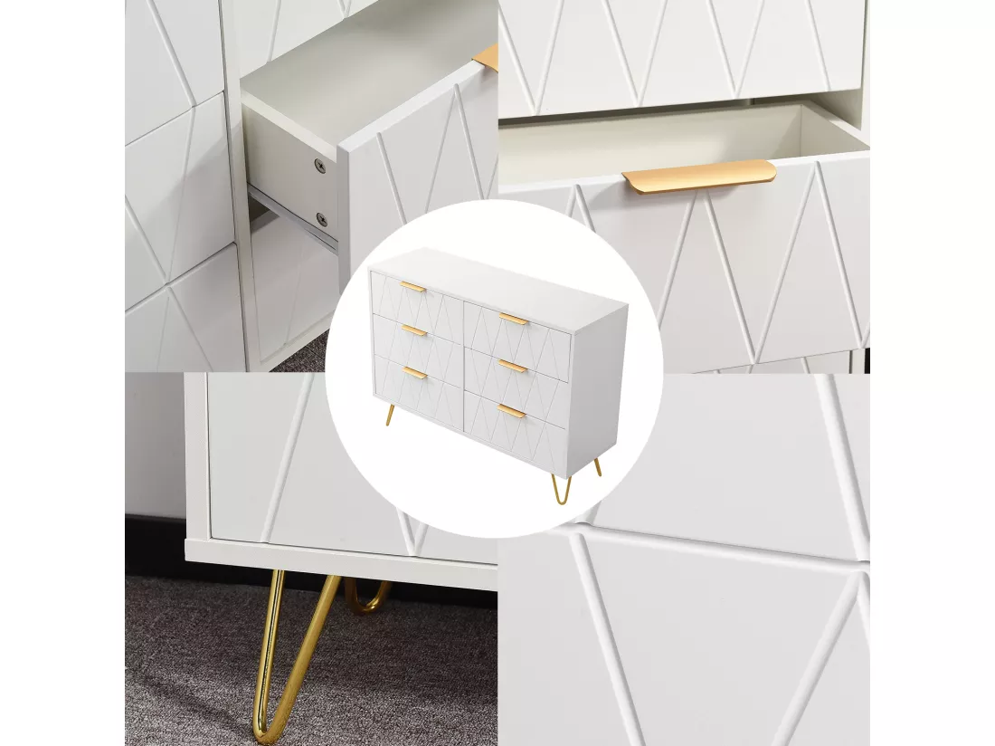 Buffet bas avec 6 Tiroirs - Commode - Bois MDF et métal doré - 100 x 34 x 73cm - Blanc