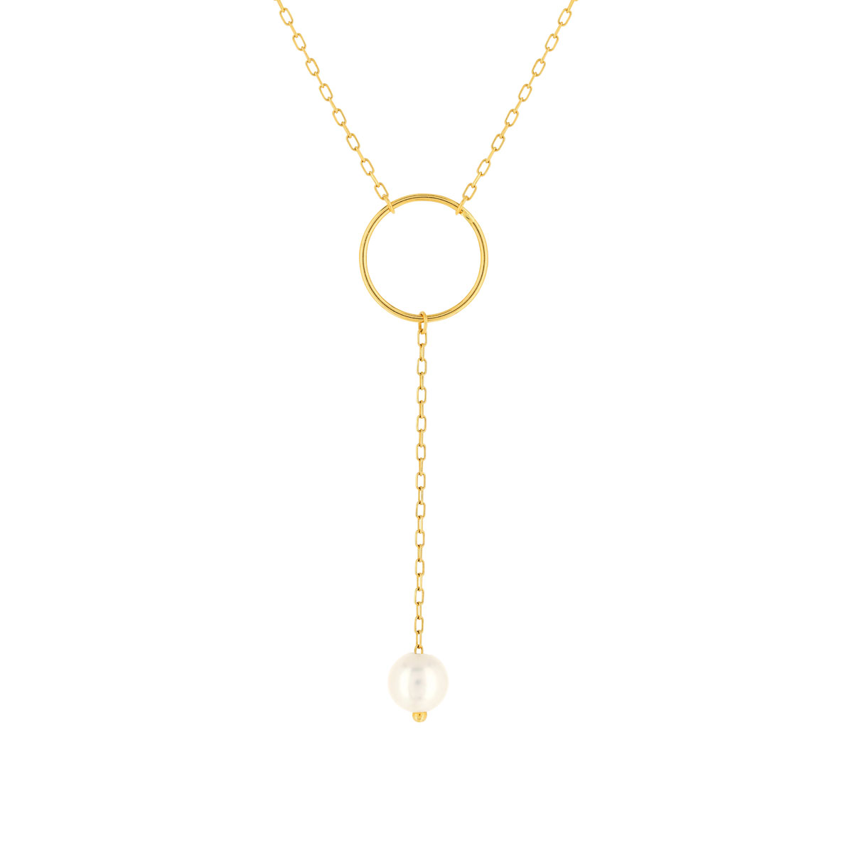 Collier or jaune 375, motif anneau, perle de culture de Chine. Longueur 40 cm.