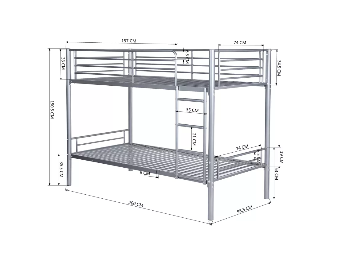 Meubles Cosy Lit superposé Lit surélevé pour 2 Personnes Sommier inclus 90 x 190 cm Métal laqué Gris Style Industriel