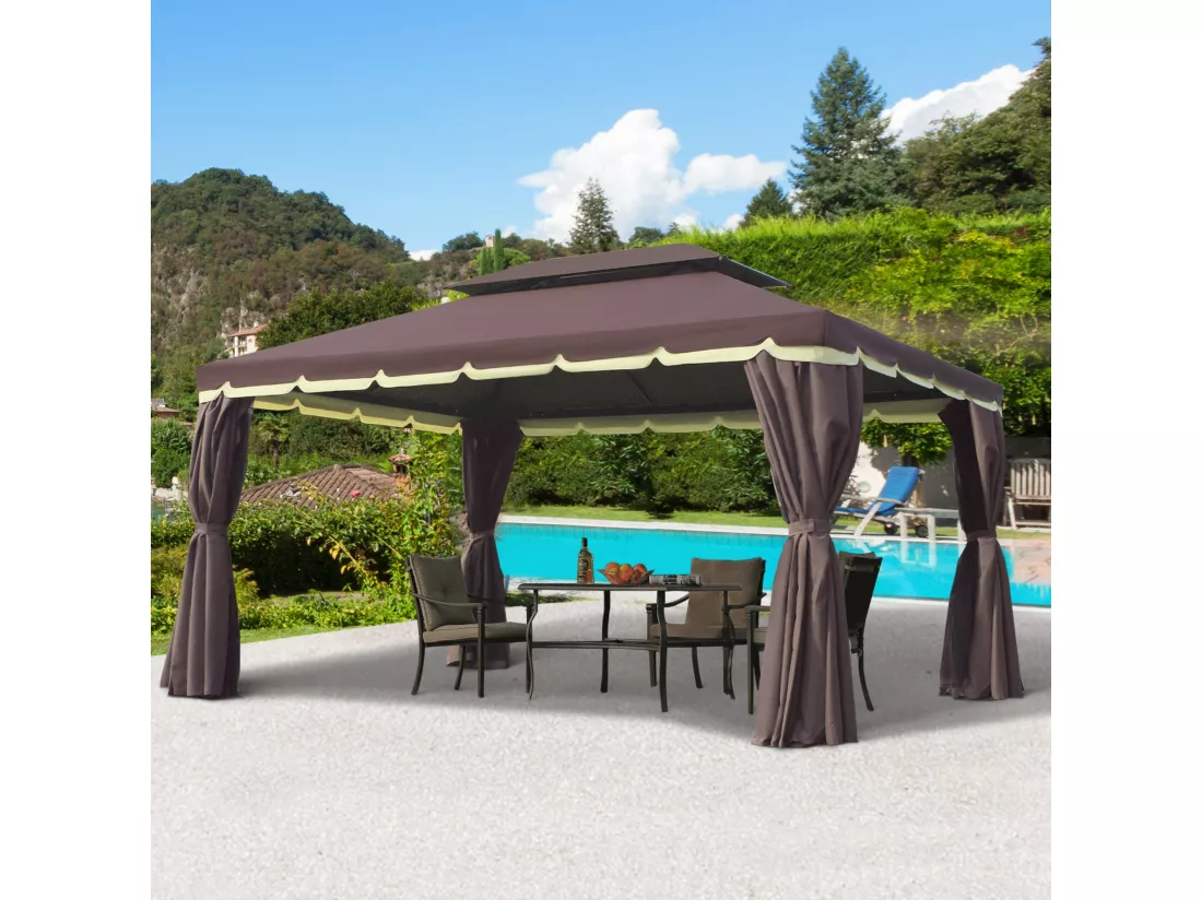 Tonnelle barnum pavillon de jardin style colonial double toit toile moustiquaires et toiles amovibles 3,9L x 2,9l x 2,8H m chocolat