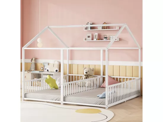 Lit d'enfant en métal 90*200 cm, barrières, échelle, moulures, lit double, cadre en fer, blanc