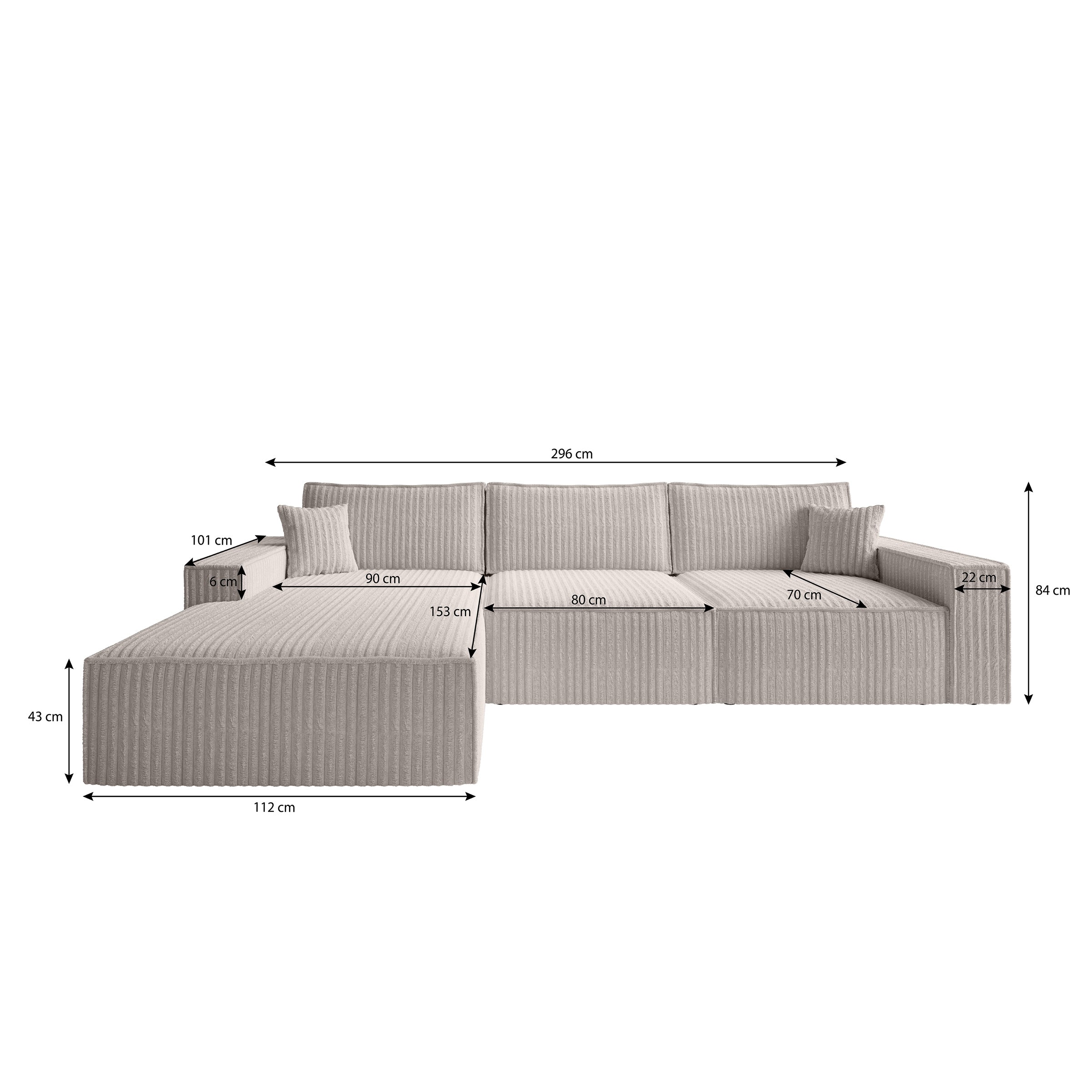 Manolo - Hoekbank 3-zits met chaise longue - Ribstof beige - Links