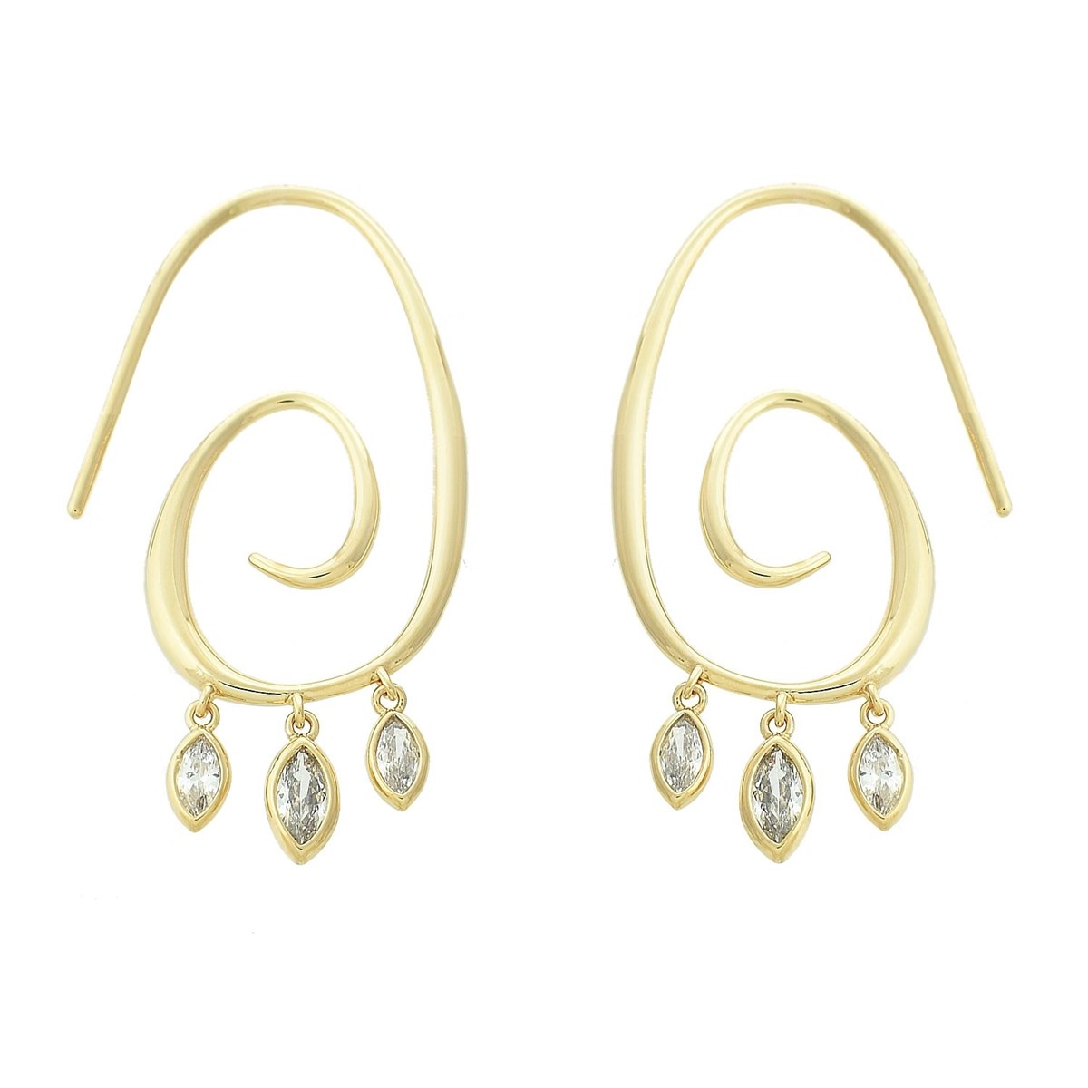 Boucles d'oreilles spirale de gouttes d'oxydes de zirconium Plaqué OR 750 3 microns
