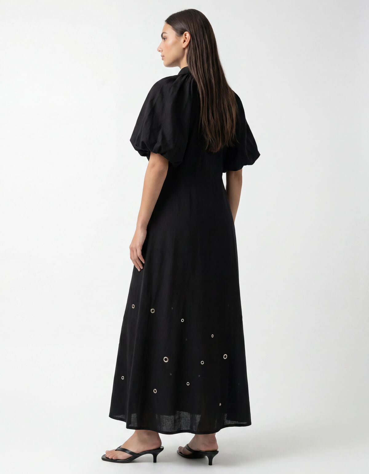 Linnen Eyelet Maxi Jurk Zwart