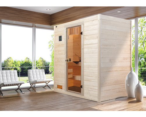 Massief houten sauna Weka Valida GT Gr.3 incl. 9 kW kachel en geïntegreerde besturing met volledig glazen deur van helder glas