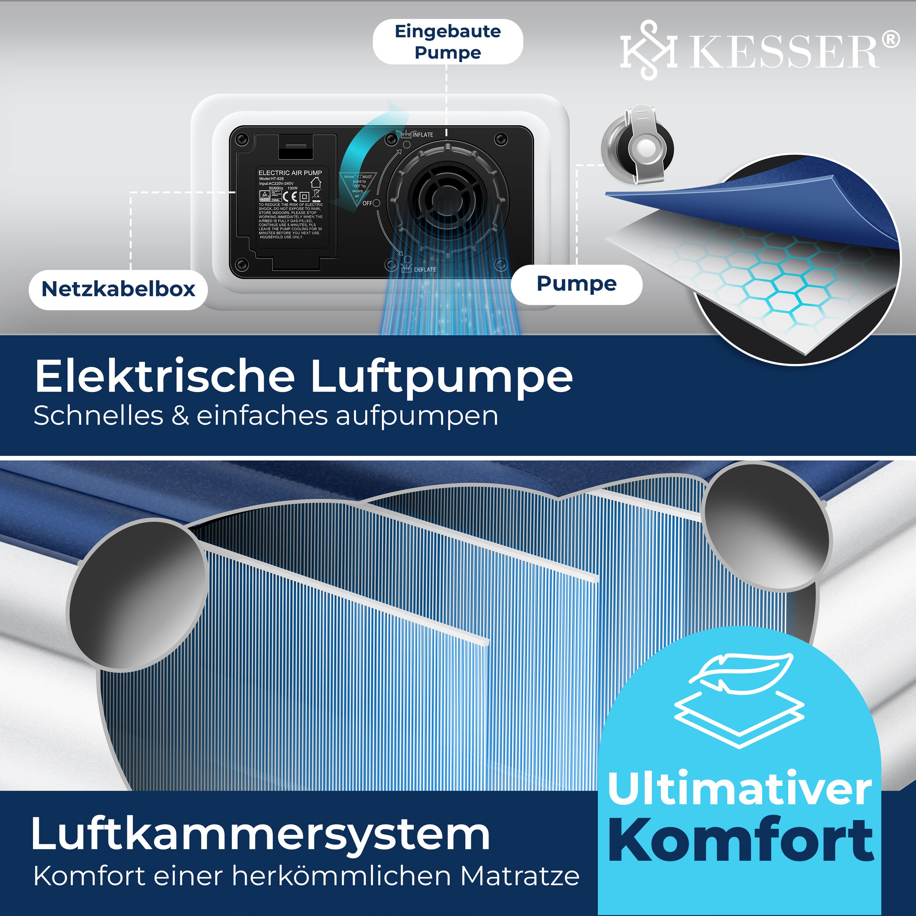 KESSER® Aufblasbare Matratze Luftbett mit eingebauter elektrischer Pumpe integrierte erhöhte aufblasbare Matratze für Übernachtungsgäste mit Aufbewahrungstasche