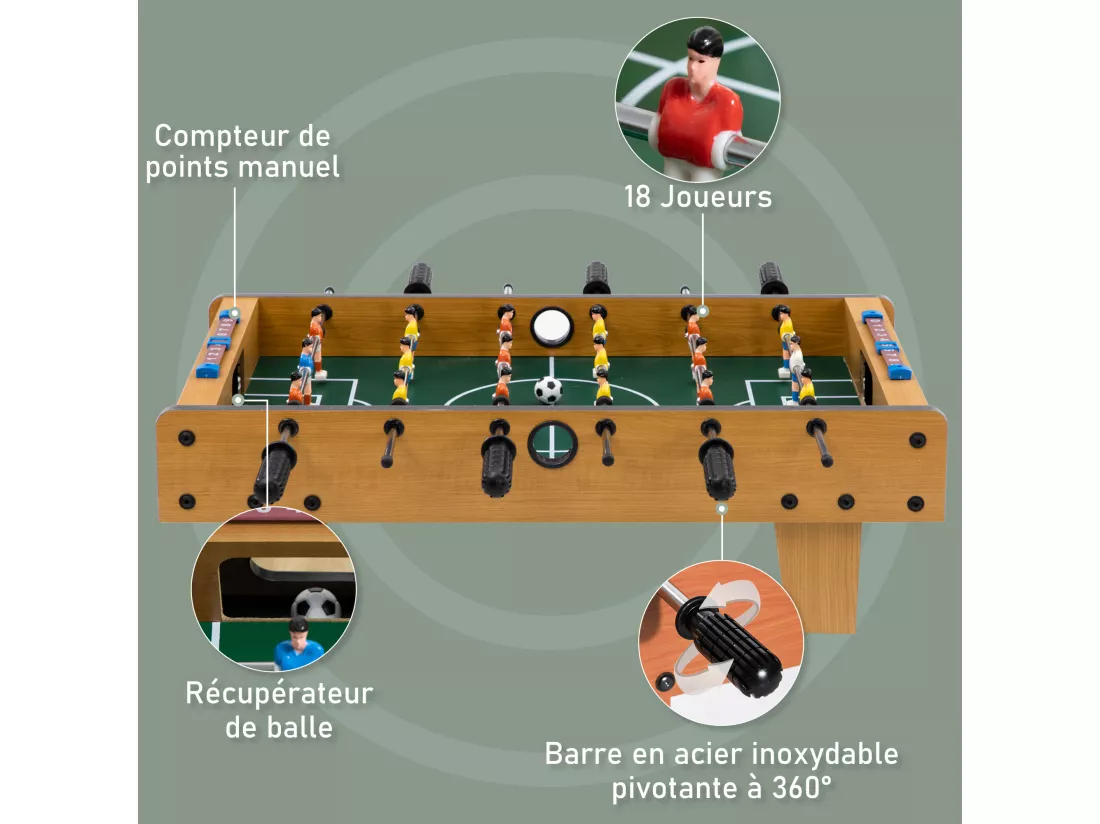Table baby-foot enfant à partir de 6 ans 2 ballons 18 joueurs MDF vert aspect bois