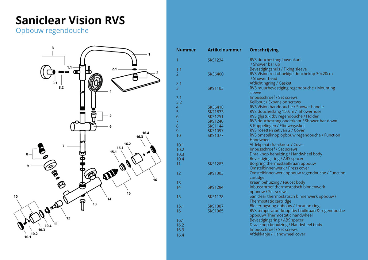 Saniclear Vision opbouw regendouche met 20x30cm hoofddouche RVS