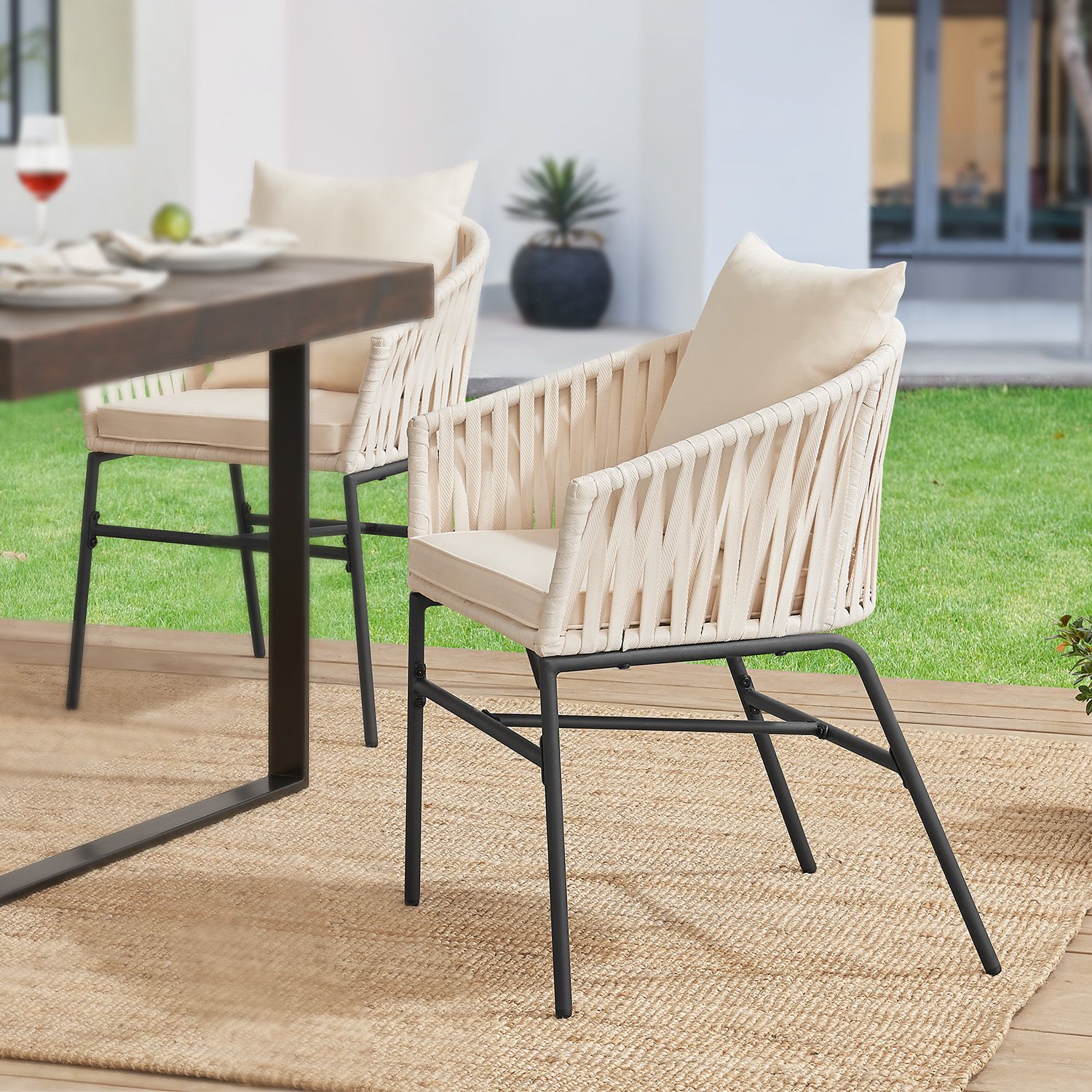Juskys set van 2 touwgaas tuinstoelen met kussens - Beige