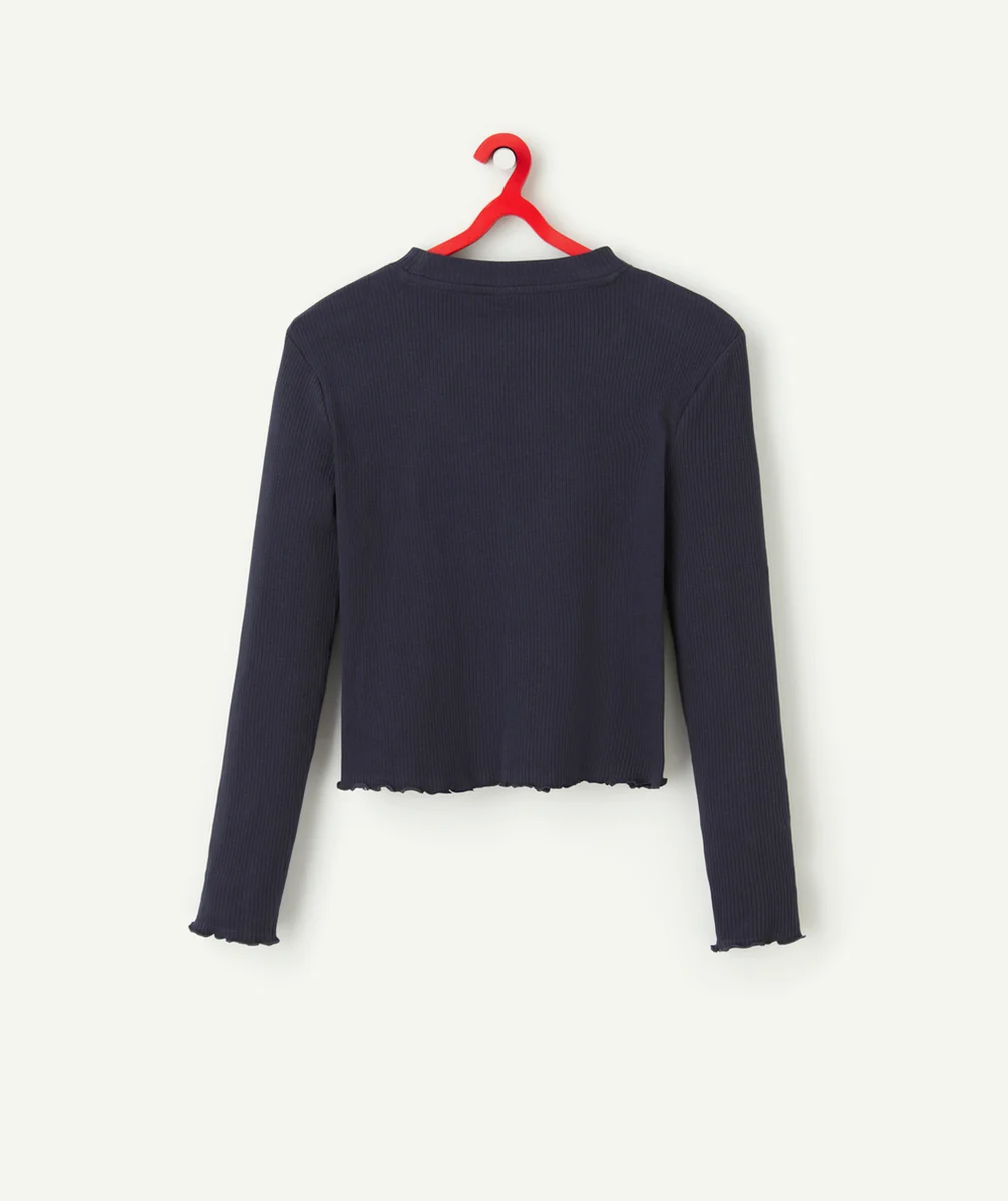 T-SHIRT À MANCHES LONGUES FILLE EN COTON BIO BLEU MARINE CÔTELÉ