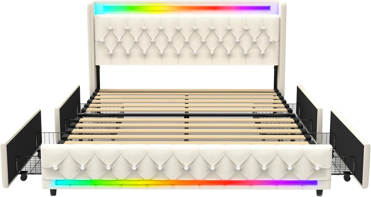 5-in-1 Gepolstertes Bett 160x200cm mit Bluetooth-Lautsprechern, LED-Beleuchtung, USB & Type-C Ladestation, 4 Schubladen, Holzlattenrost, Samtbett – Multifunktionaler Bettrahmen mit Kopfteil