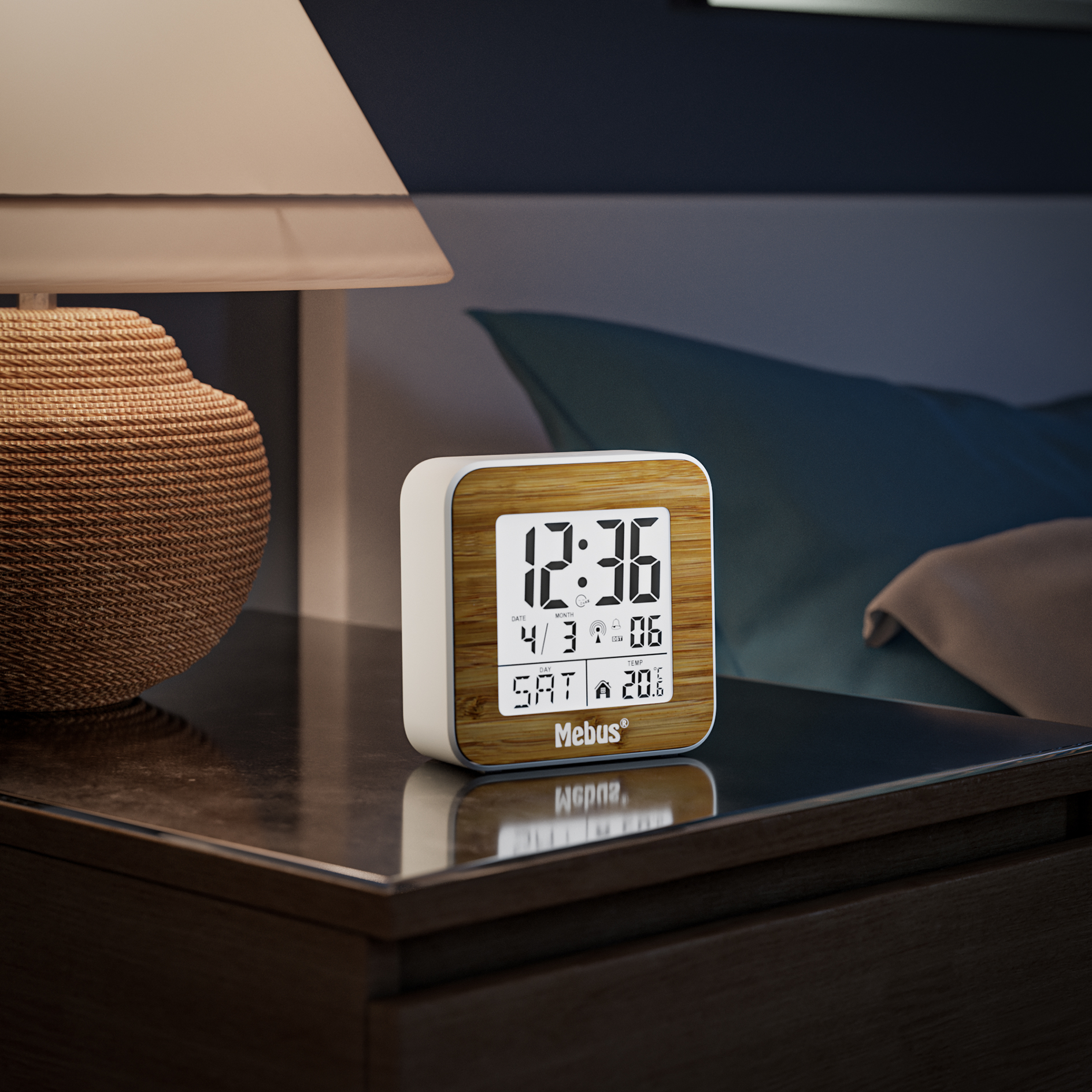 Funk-Wecker digital - weiß-Holzoptik - Innenthermometer