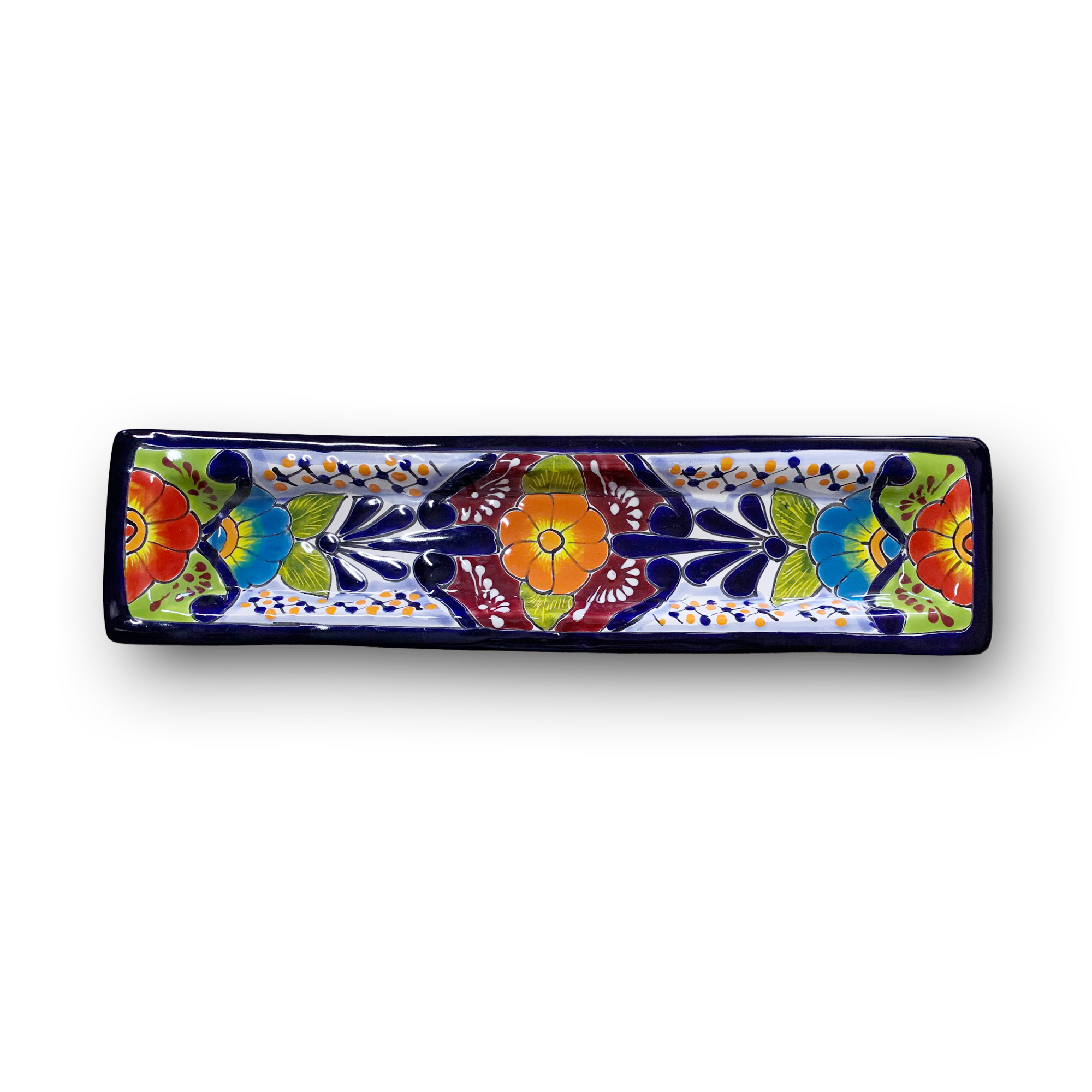 Flache Keramik-Schale 'Blumen', handbemalt, L 44 cm, B 11 cm, H 3 cm von fischer's lagerhaus