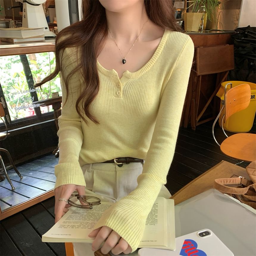 Floral Closet - Henley-top met lange mouwen en geribbelde streep