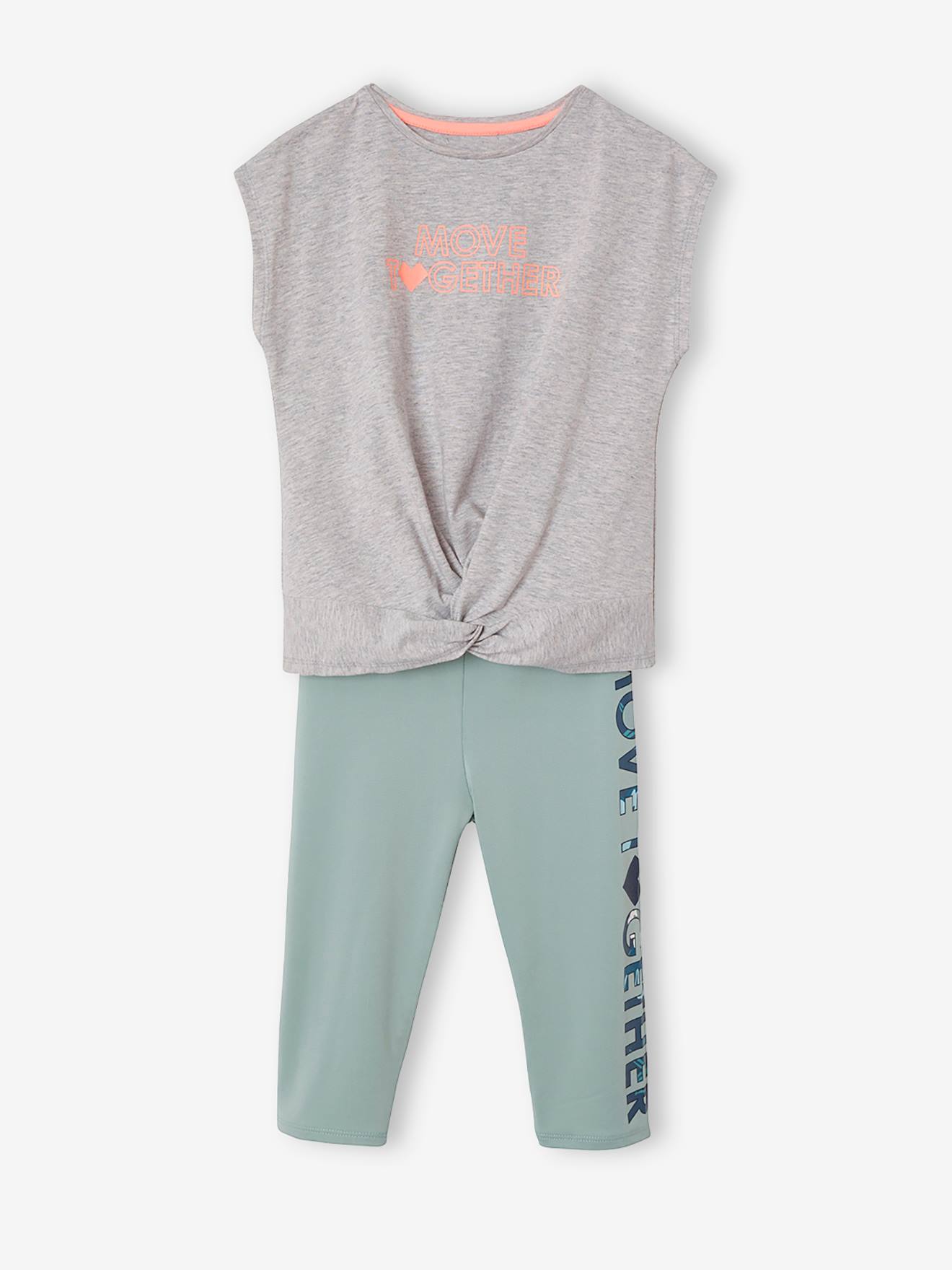 Conjunto de moletom cinza mesclado tamanho médio para meninas, composto por blusa com amarração e leggings.