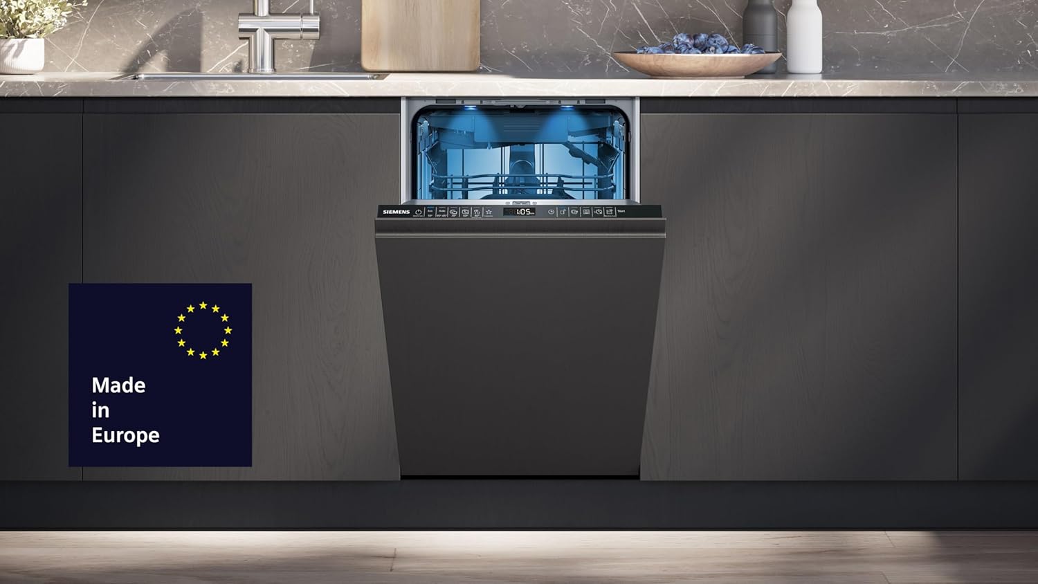 Siemens SR65ZX22ME iQ500 Smarter Geschirrspüler Vollintegriert, 45 cm, Besteckschublade, schnelles und energieeffizientes Trocknen, extra leise, aquaStop, varioSpeed Kurzprogramm, Innenbeleuchtung