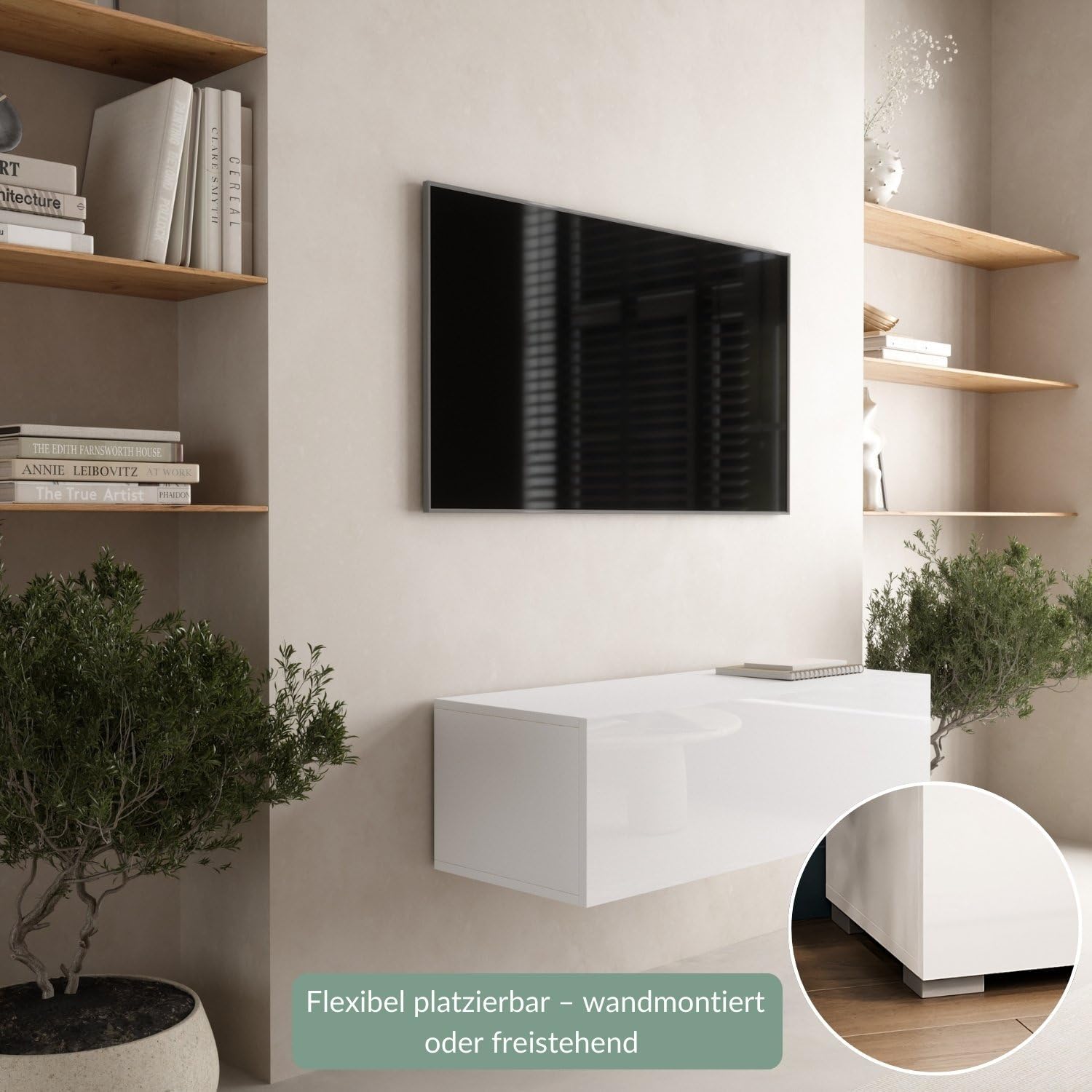 Planetmöbel West TV-Schrank, Fernsehtisch 100 cm lang, TV-Board hängend oder stehend, Fernsehschrank für Wohnzimmer, TV Möbel 37,8 x 100 x 30 cm, weiß