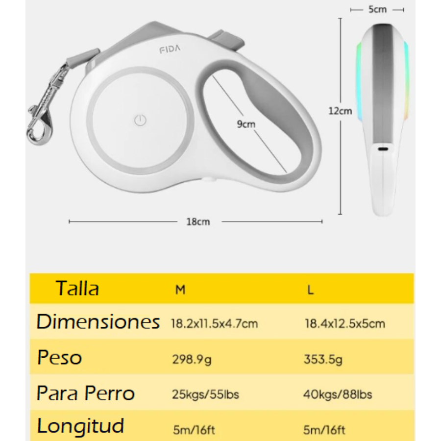 Guia extensível para cães FIDA com LED