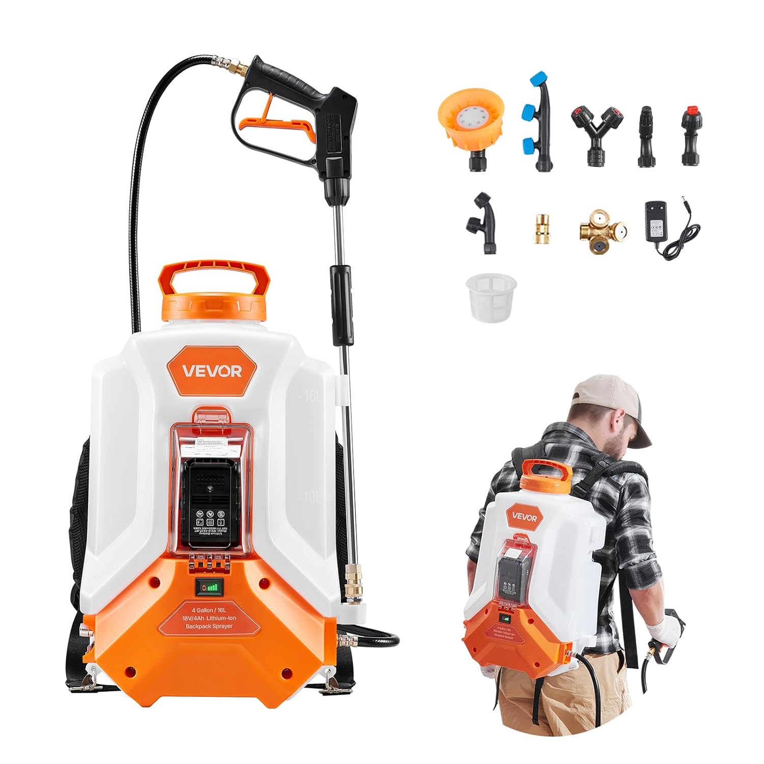 VEVOR Akku-Drucksprüher, 16 L elektrisches Sprühgerät, 2 Stäbe & 8 Düsen, einstellbar 0–6 bar, 4 Stunden Laufzeit, tragbare Rucksacksprühgerät für Hof & Garten zum Jäten, Sprühen und Reinigen