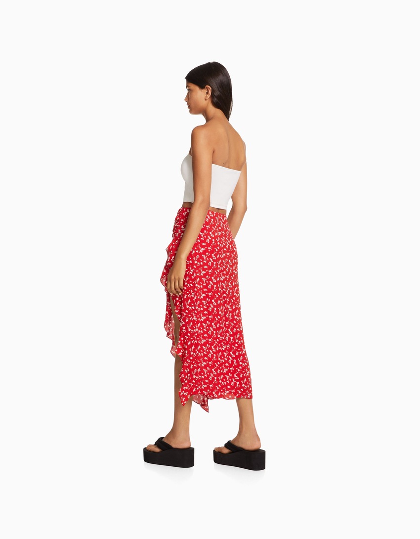 Saia midi com babados e estampa floral