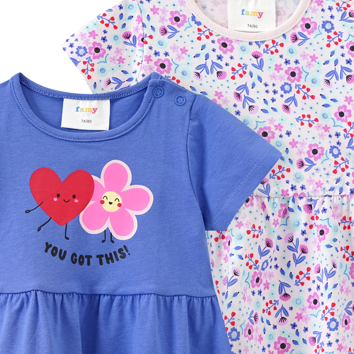 Famy 2 Baby Kleider mit bunten Motiven blau / zartrosa