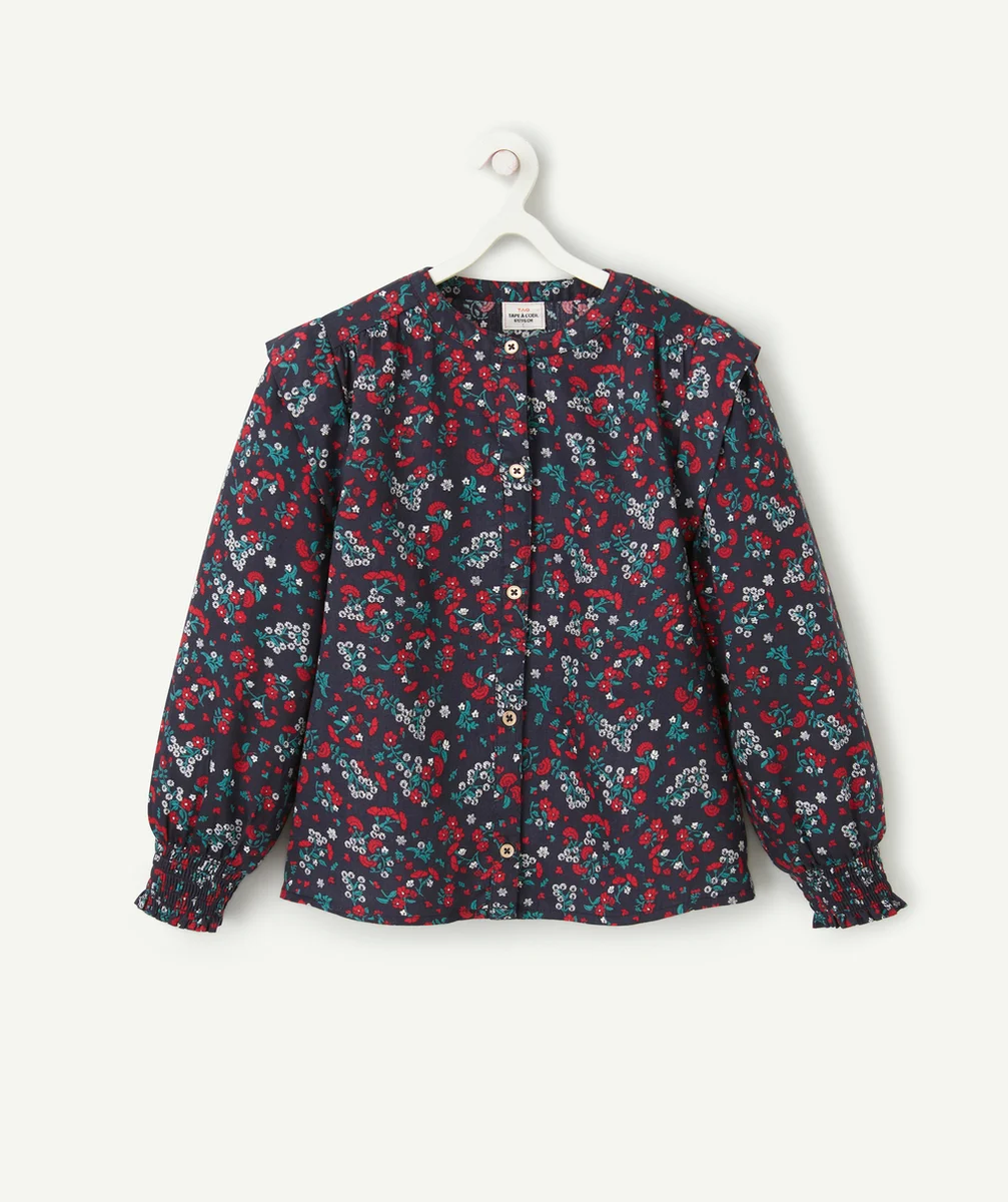 BLOUSE FILLE EN COTON BLEU MARINE ET IMPRIMÉE FLORAL ROUGE ET VERT