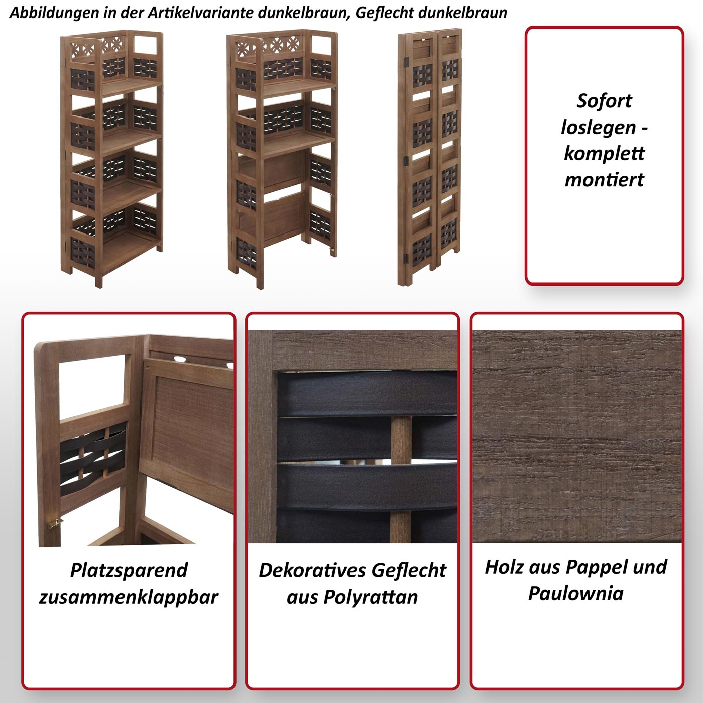 Regal MCW-K86, Standregal Wohnregal, klappbar 4 Ablagen, Holz 110cm ~ braun, Geflecht braun